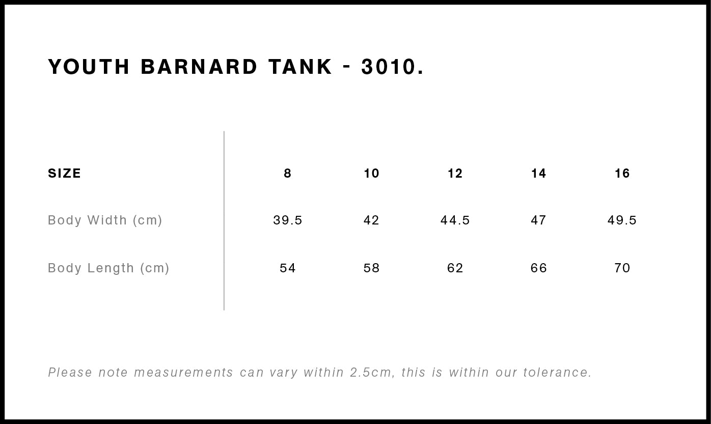 Barnard Tank - Youth Size chart