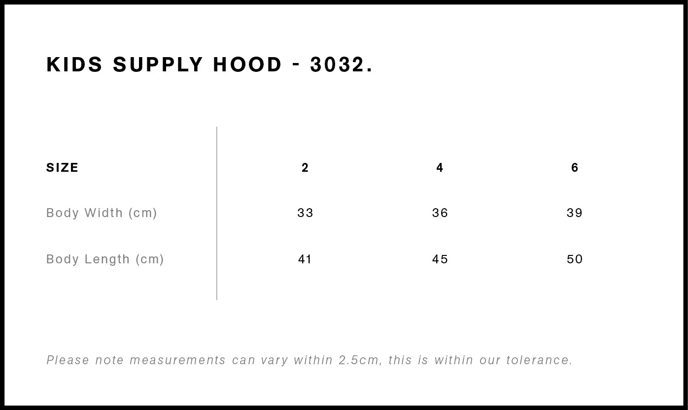 Supply Hood - Kid's Size chart