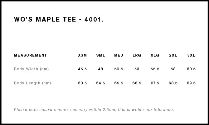 Staple Tee - Women's Size chart