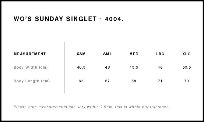 Sunday Singlet - Women's Size chart