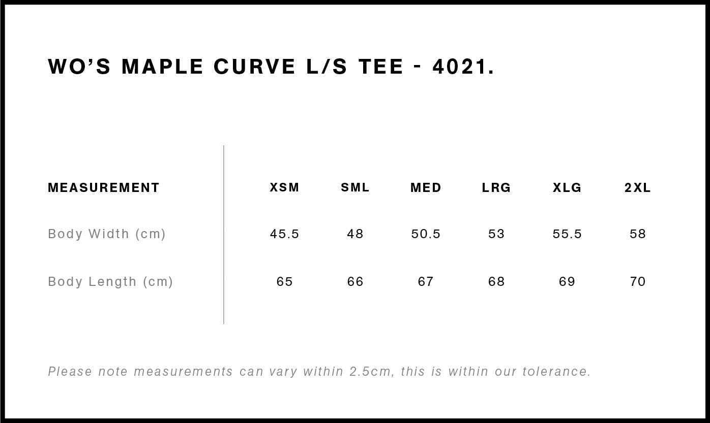 Maple Curve L/S Tee - Women's Size chart