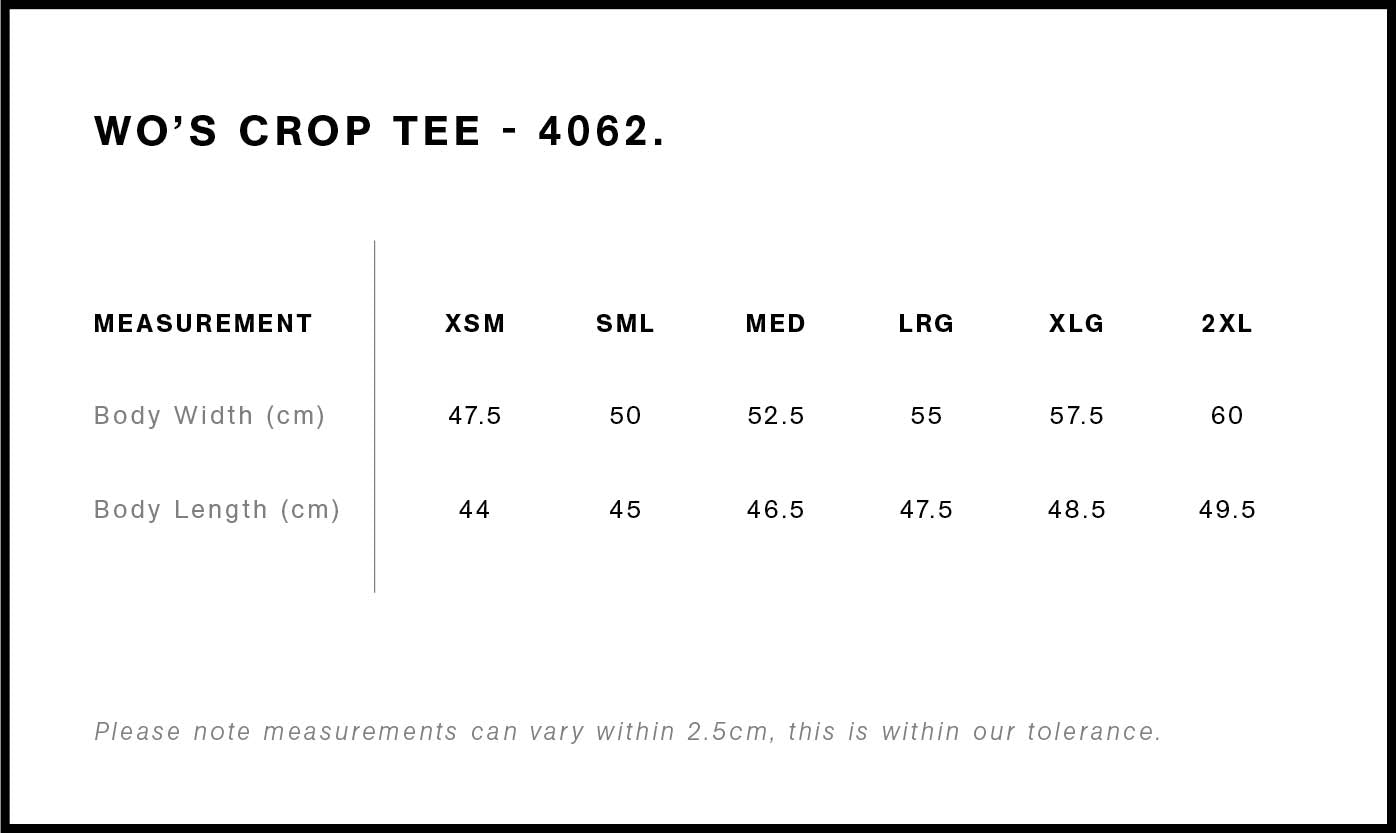 Crop Tee - Women's Size chart