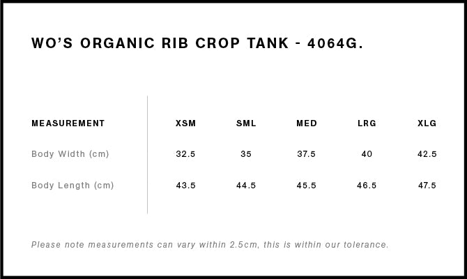 Organic Rib Crop Tank - Women's Size chart