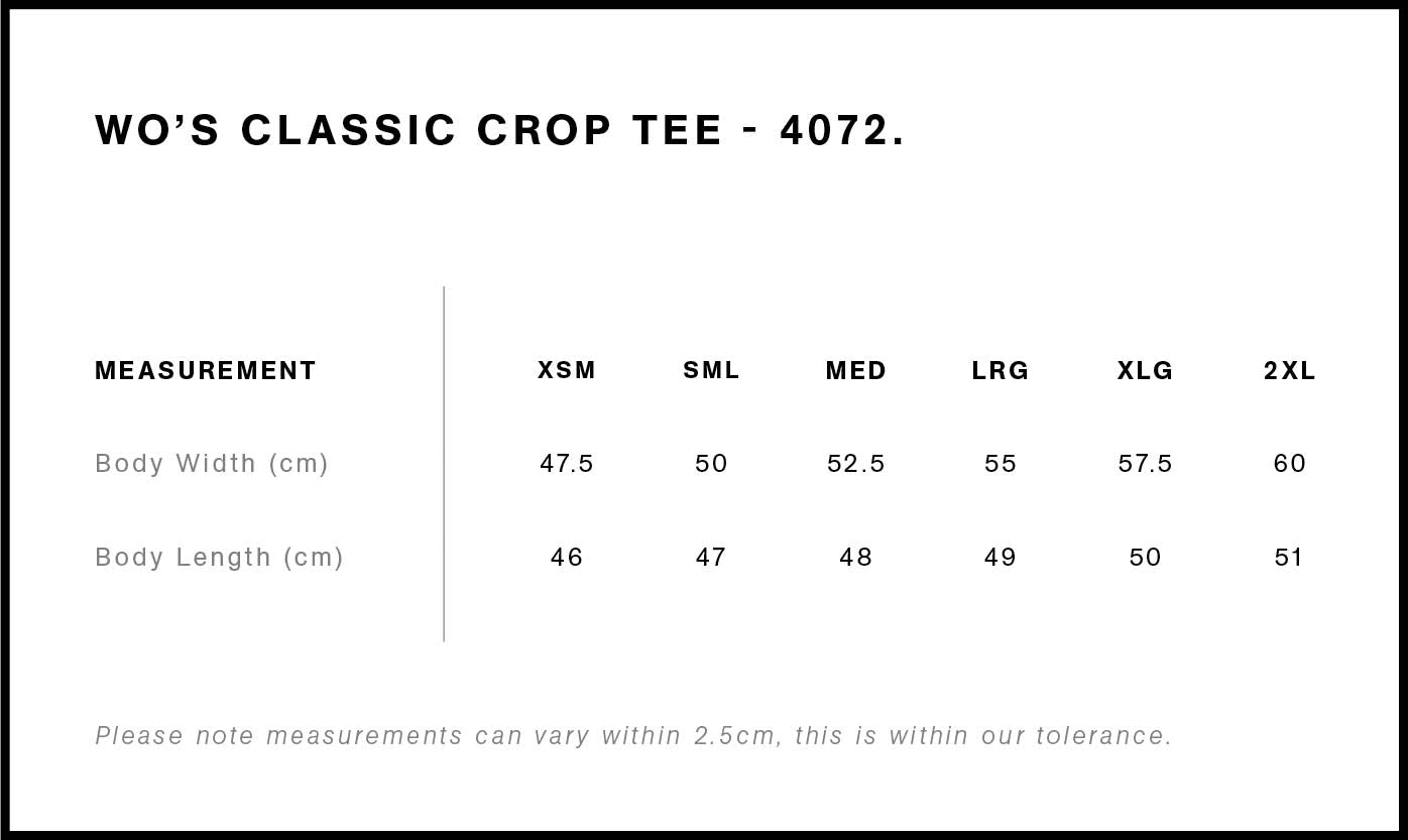 Classic Crop Tee - Women's Size chart