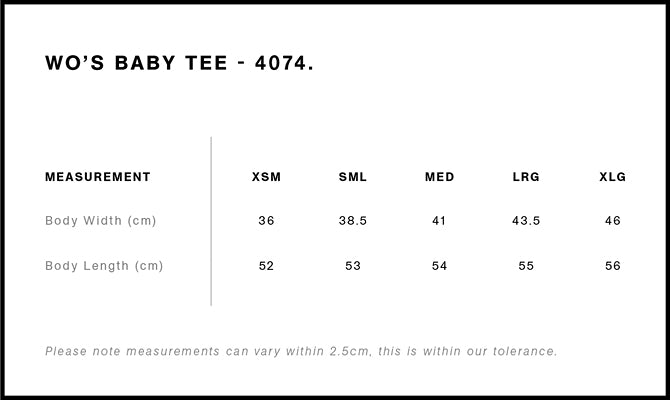Organic Rib Baby Tee - Women's Size chart