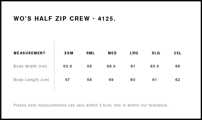 Stencil Half Zip Crew - Women's Size chart