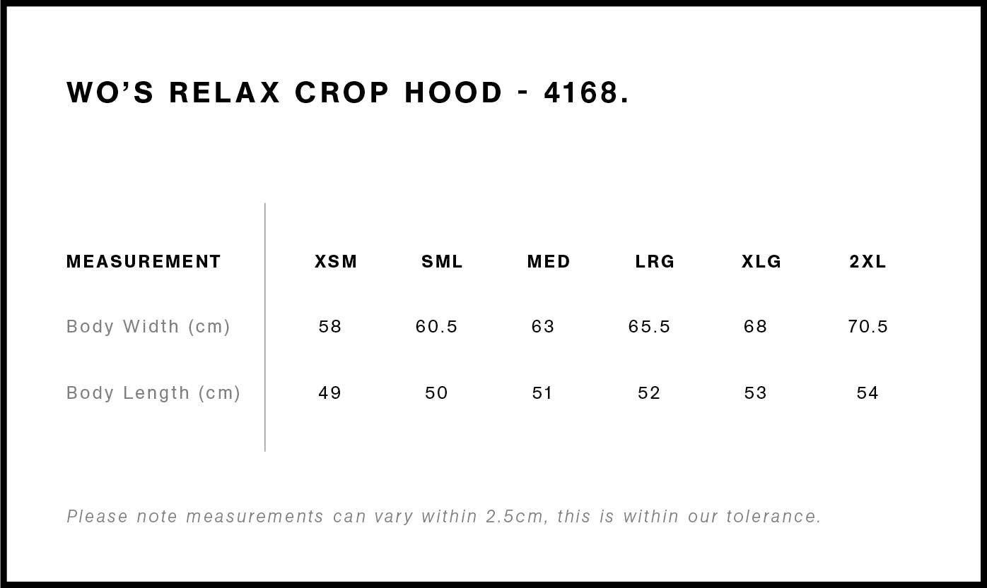 Relax Crop Hood - Women's Size chart