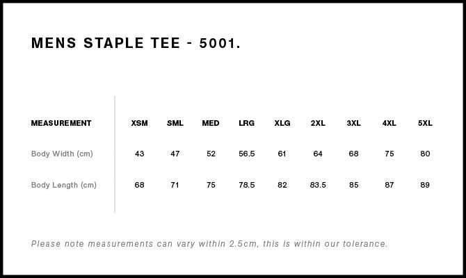 Staple Tee - Men's Size chart