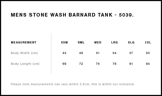 Stone Wash Barnard Tank - Men's Size chart