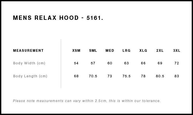 Relax Hood - Men's Size chart